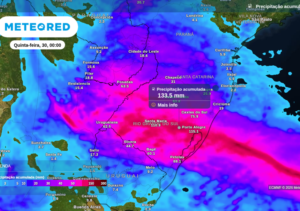 Previsão de chuva acumulada até o final de quarta-feira (29), segundo o ECMWF. Previsão de chuva acumulada até o final de quarta-feira (29), segundo o ECMWF.