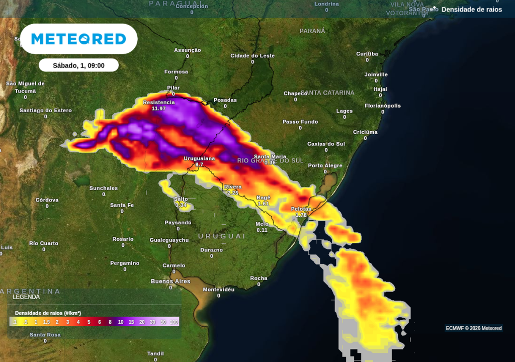 Previsão de tempestades nesta quarta-feira (28), segundo o ECMWF. Previsão de tempestades nesta sábado (1), segundo o ECMWF.