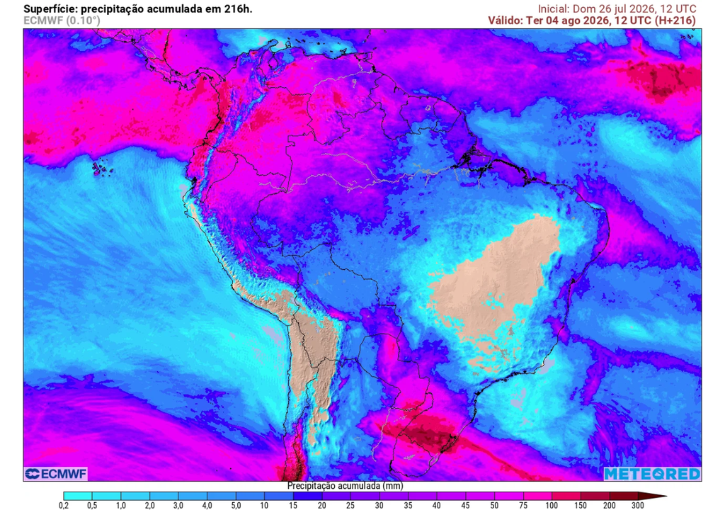 Previsão de chuva acumulada até terça-feira (4), segundo o ECMWF. Previsão de chuva acumulada até terça-feira (4), segundo o ECMWF.