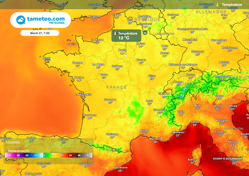 Températures prévues mardi matin à 7 heures.