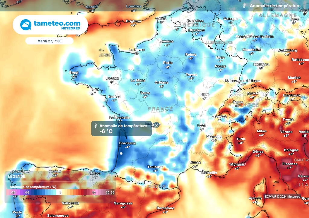 Températures minimales sous les valeurs de saison demain matin en France.