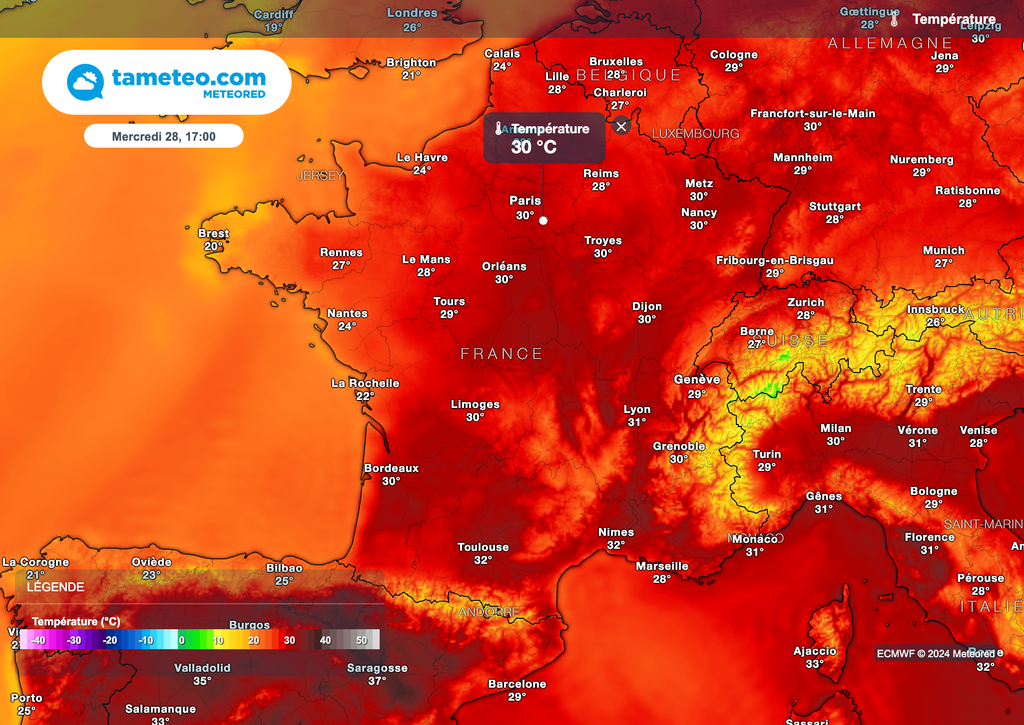 Pic de chaleur mercredi après-midi en France.