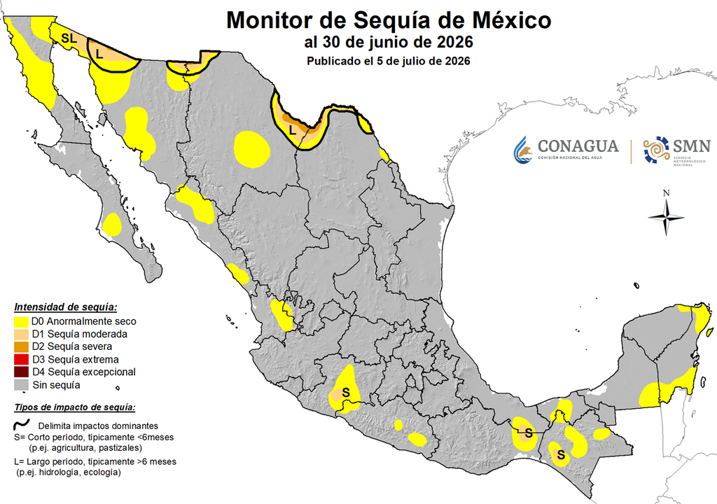 Monitor de Sequía al 30 de junio. SMN-CONAGUA Sigue siendo mínima la Sequía en México con apenas 2.1% de extensión gracias a la continuidad de las lluvias; las reservas nos ayudarán para próximos meses.