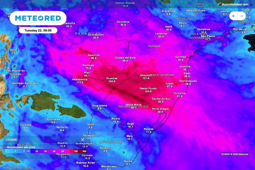 Chuva acumulada prevista até terça-feira (22), com volumes superiores a 100 mm em áreas do Sul.