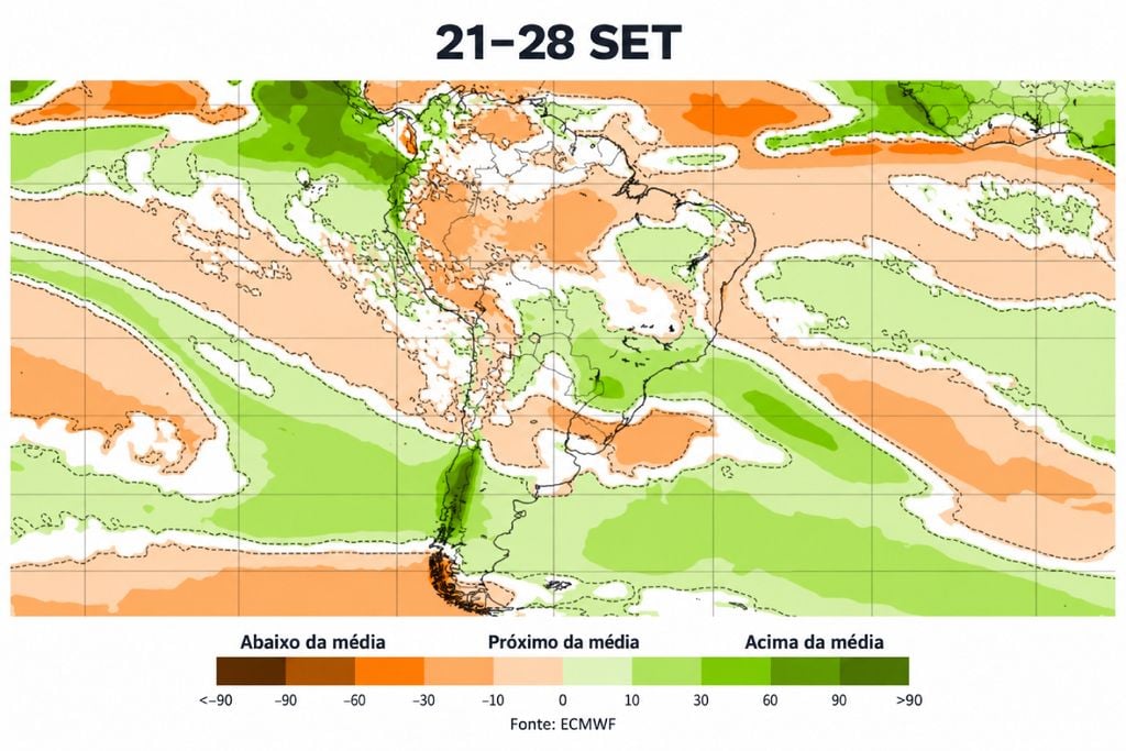 Anomalia de chuva prevista entre 21 e 28 de setembro.