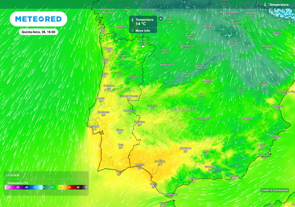 Na quinta-feira, as temperaturas poderão ser mais baixas em todo o país, devido à aproximação de uma massa de ar polar. Ainda assim, a influência desta massa de ar deverá ser mais sentida no nordeste do país, como conseguimos observar neste mapa.