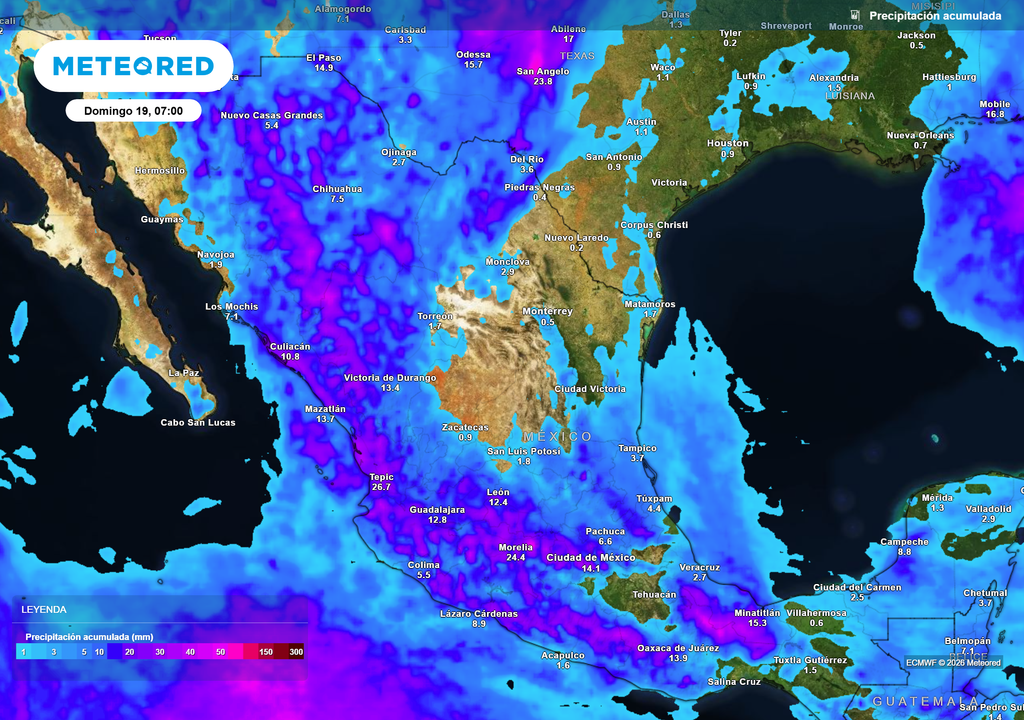 Pronóstico de lluvias acumuladas en milímetros Hoy sábado se prevén lluvias y tormentas fuertes en el Norte, Occidente y parte del Centro, resaltando la Sierra Madre Occidental con más de 70 mm.