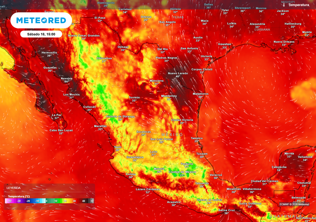 Pronóstico de temperaturas en grados Celsius Valores térmicos de 35-40 °C dominarán el Noroeste, Noreste y Sureste, mientras el Altiplano rondarían los 20-30 °C; en costas, el bochorno puede superar 45 °C.
