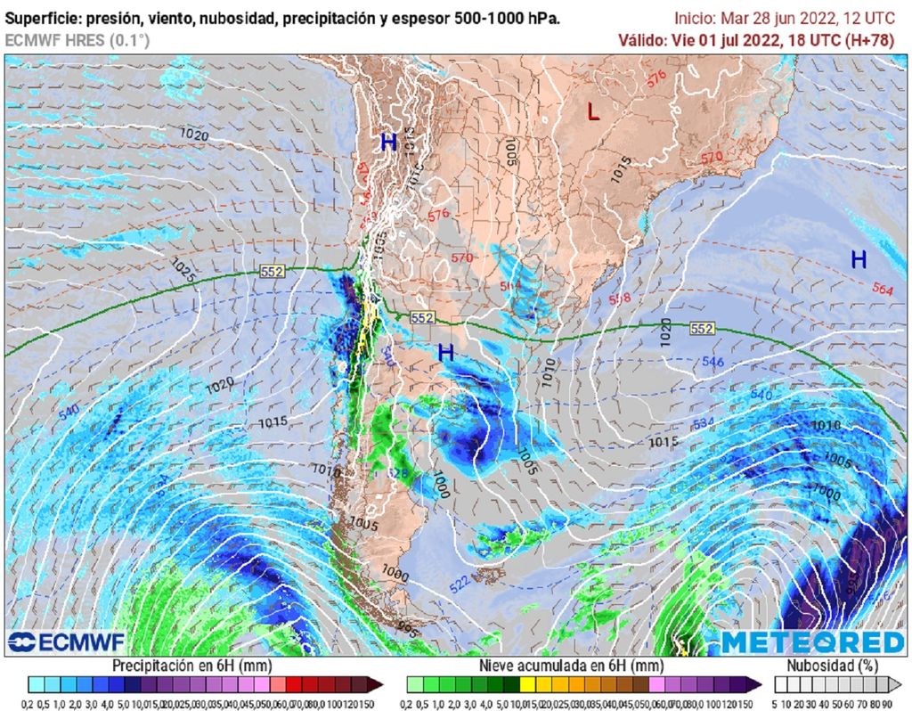Presión y precipitaciones previstas; modelo ECMWF Presión y precipitaciones previstas; modelo ECMWF
