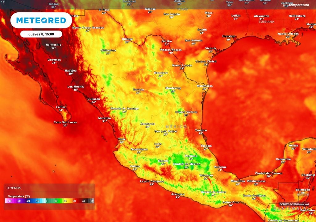 Las lluvias seguirán refrescando notablemente el ambiente con 15-25 °C, quedando el calor intenso en el noroeste con 35-43 °C y bochorno.