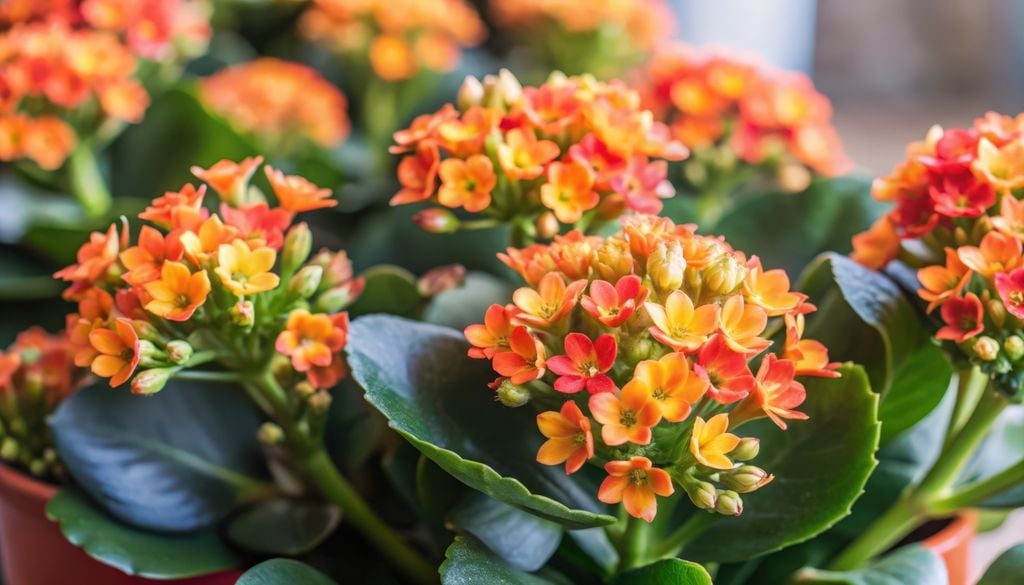 Los racimos compactos del kalanchoe mantienen su color vivo durante semanas con un mantenimiento mínimo.