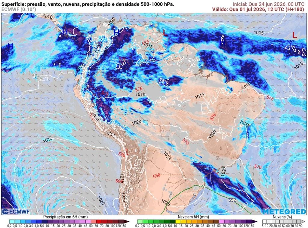 Previsão de precipitação (em mm) e linhas de pressão para o dia 1º de julho, quarta-feira, às 9h, segundo o modelo europeu ECMWF.