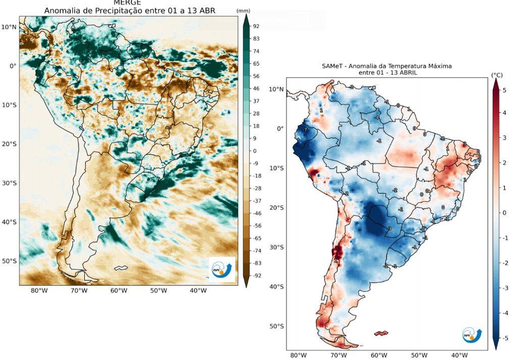 Anomalia de precipitação (esquerda) e de temperatura máxima (direita) observadas entre 1°e 13 de Abril. Créditos: CPTEC/INPE. Anomalia de precipitação (esquerda) e de temperatura máxima (direita) observadas entre 1°e 13 de Abril. Créditos: CPTEC/INPE.
