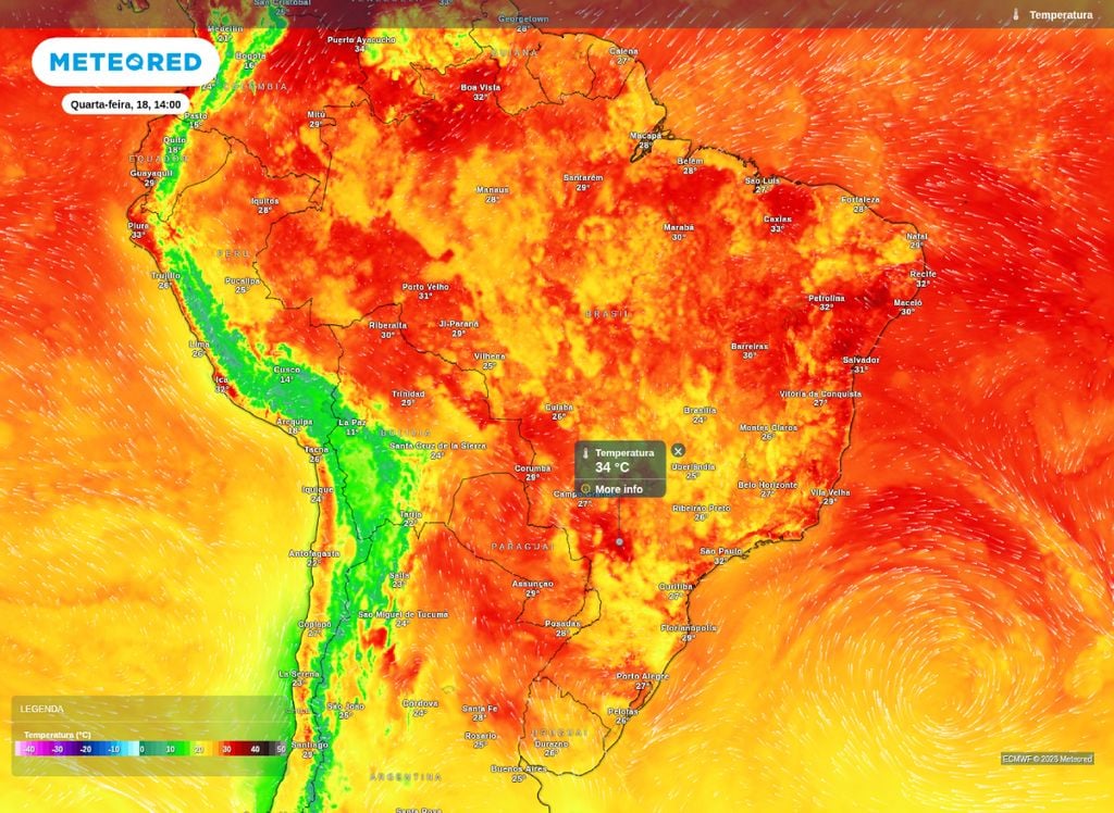 Temperatura prevista para a tarde de quarta-feira (18). O mapa mostra temperaturas elevadas sobre o Centro-Oeste superior aos 30°C.
