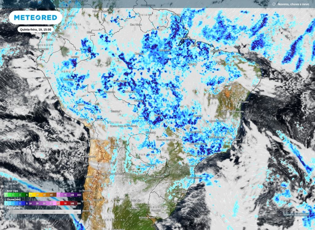 O mapa mostra chuvas espalhadas pelo Brasil na tarde desta quinta-feira (19) com maiores chances de transtornos no Sudeste e Centro-Oeste.