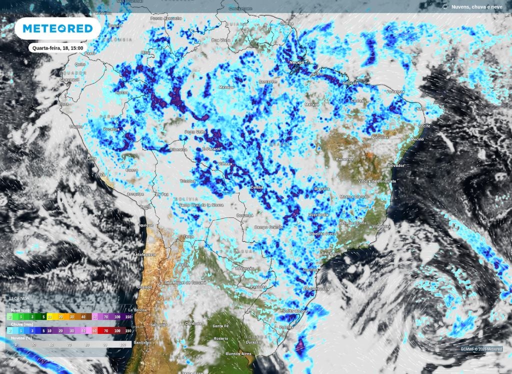 O mapa mostra chuvas espalhadas pelo Brasil na tarde desta quarta-feira (18) sendo mais intensas no Centro-Oeste e Sudeste do país.