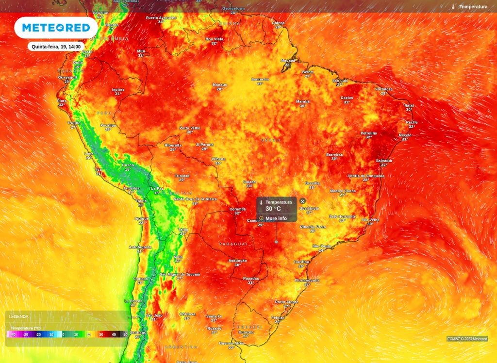 Temperatura prevista para a tarde de quinta-feira (19). O mapa mostra temperaturas elevadas sobre o Sul e parte do Centro-Oeste, próxima de 30°C.