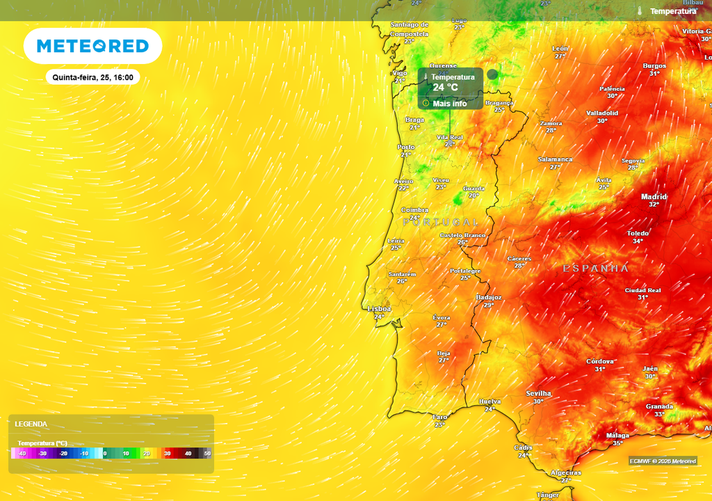 Amanhã - quinta-feira, 25 de junho - a renovação da massa de ar gerará uma descida acentuada das temperaturas nas regiões do interior, estando previstos valores de máxima entre 20 e 25 ºC em grande parte do Norte e Centro. Nalgumas zonas as máximas serão inclusive inferiores a 20 ºC.