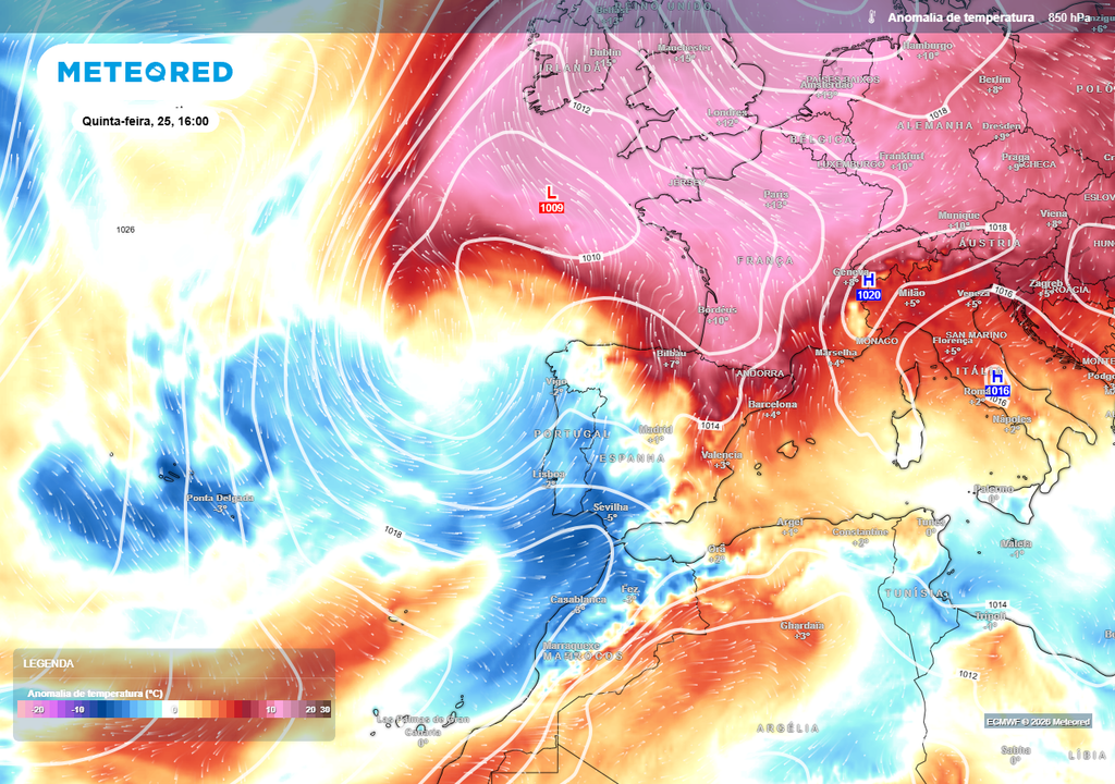 Neste mapa de anomalia da temperatura a cerca de 1500 metros de altitude observa-se o ar mais fresco vindo do Atlântico a progredir pelo Sudoeste Europeu através de Portugal continental. Amanhã, quinta-feira, 25 de junho, o território nacional já estará totalmente coberto por esta massa de ar.
