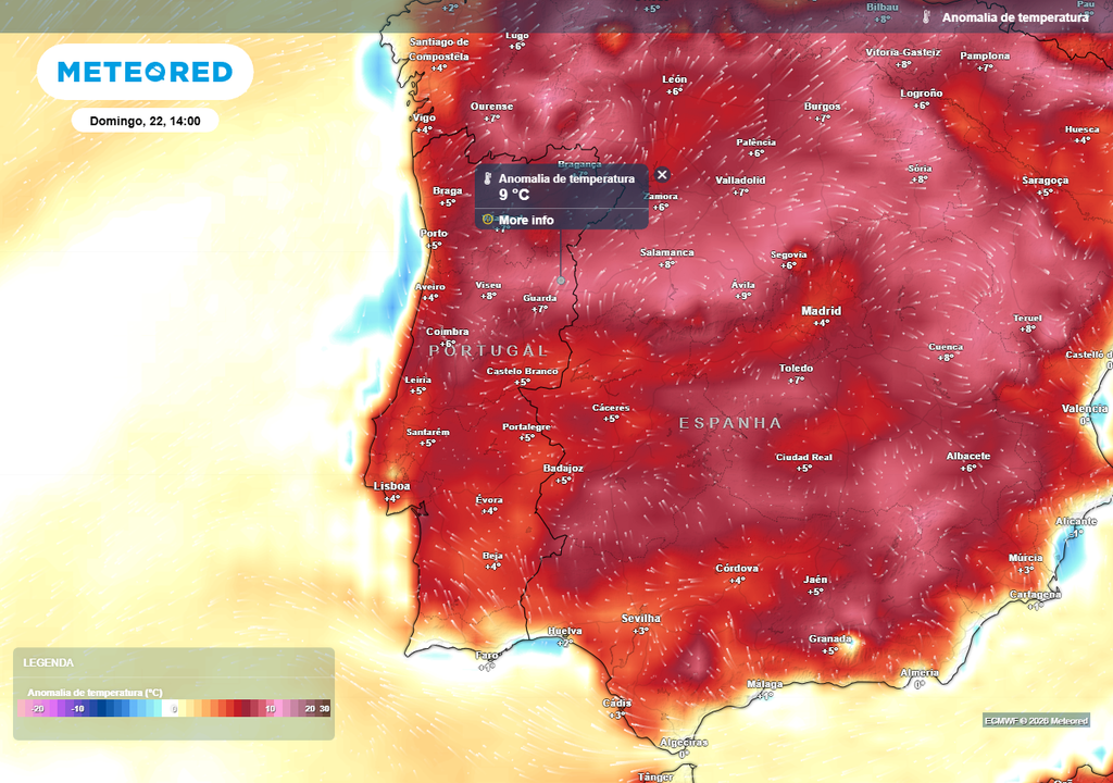 Para domingo, 22 de fevereiro, preveem-se temperaturas até 9 ºC acima do normal para esta época do ano, segundo o modelo Europeu.