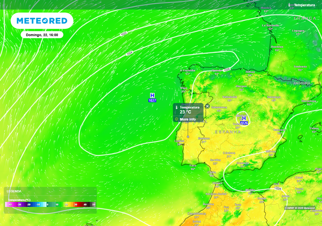Neste mapa observa-se o anticiclone dos Açores a estender-se em crista e em clara expansão sobre a geografia da Península Ibérica, promovendo céu limpo ou pouco nublado, bem como temperaturas diurnas bastante amenas nestes próximos dias. As máximas poderão atingir 23/24 ºC em algumas zonas de Portugal continental.