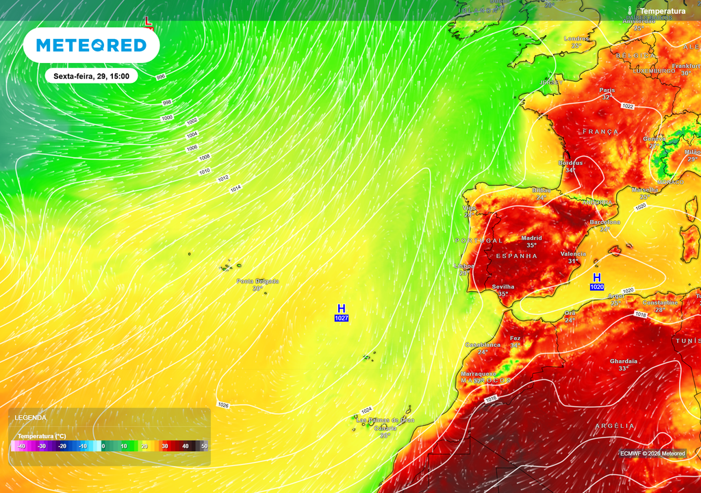 Temperatura e Pressão Apesar do calor ainda intenso no interior, o litoral entre Lisboa e Viana do Castelo começa a sentir ar mais fresco vindo de norte.