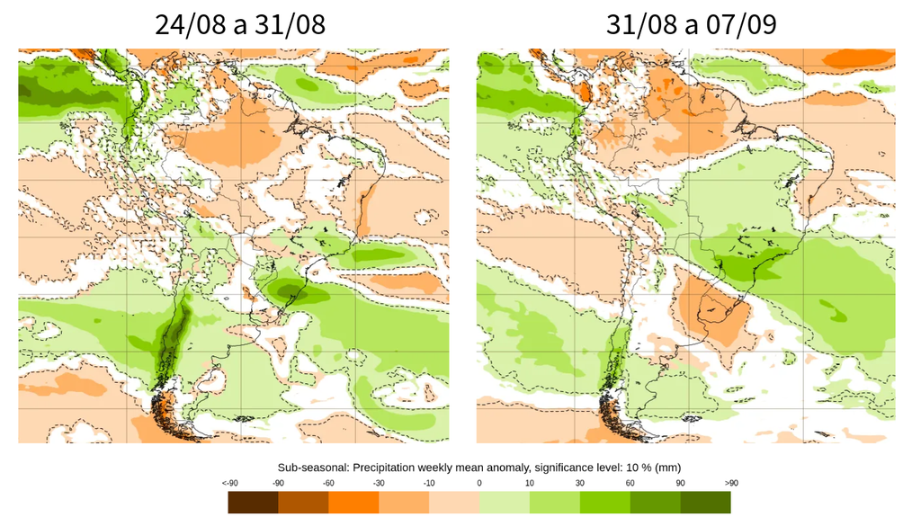 Previsão de anomalia semanal de temperatura (°C), segundo o ECMWF. Créditos: Meteored/ECMWF.
