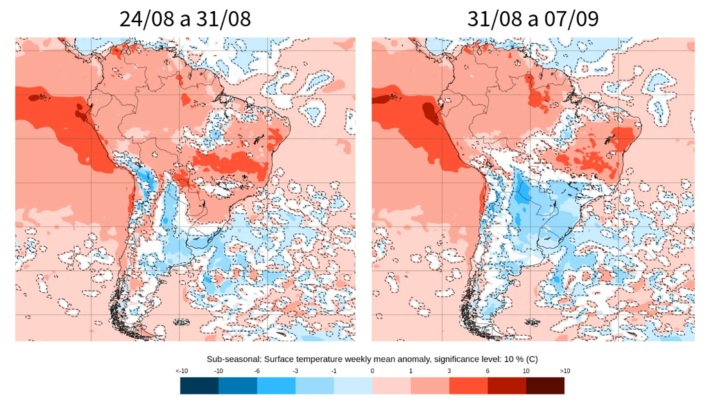 Previsão de anomalia semanal de temperatura (°C), segundo o ECMWF. Créditos: Meteored/ECMWF.