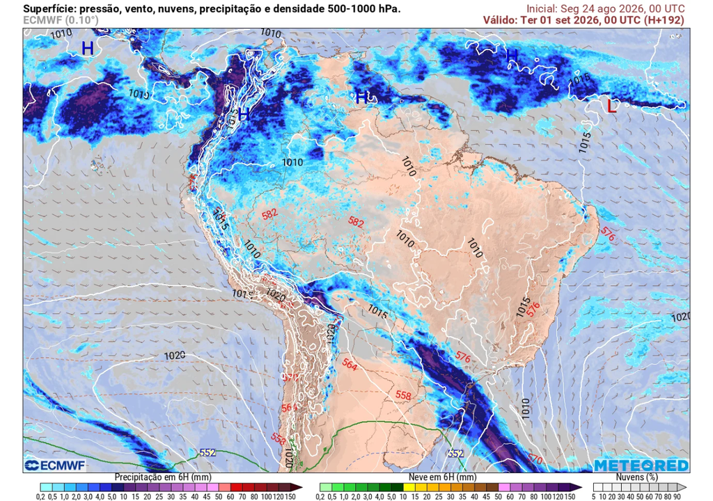 Previsão de chuva para terça-feira (1), segundo o ECMWF.
