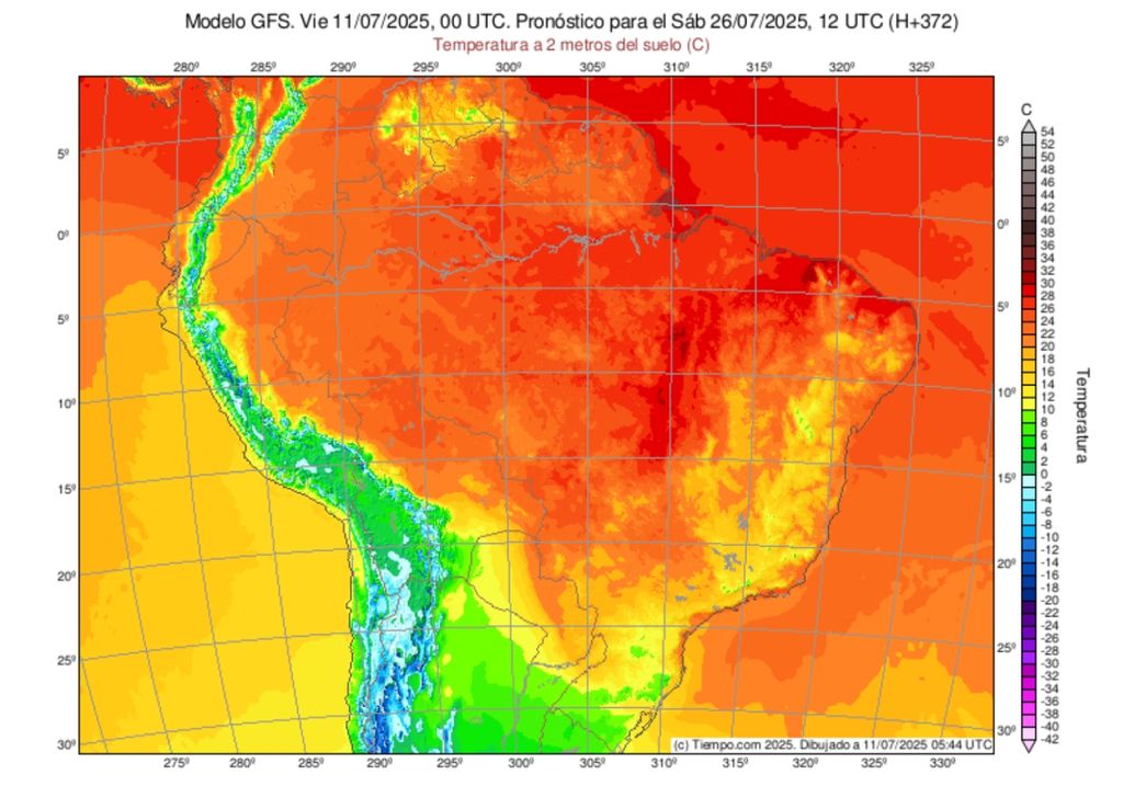 Previsão de temperatura do GFS para sábado (26) evidencia o contraste térmico esperado no fim do mês.