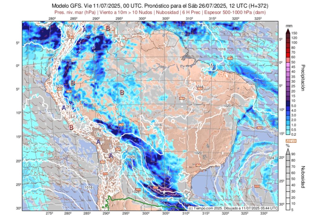 Previsão de precipitação (escala de cores) e pressão (linhas) para sábado (26), de acordo com o modelo GFS.