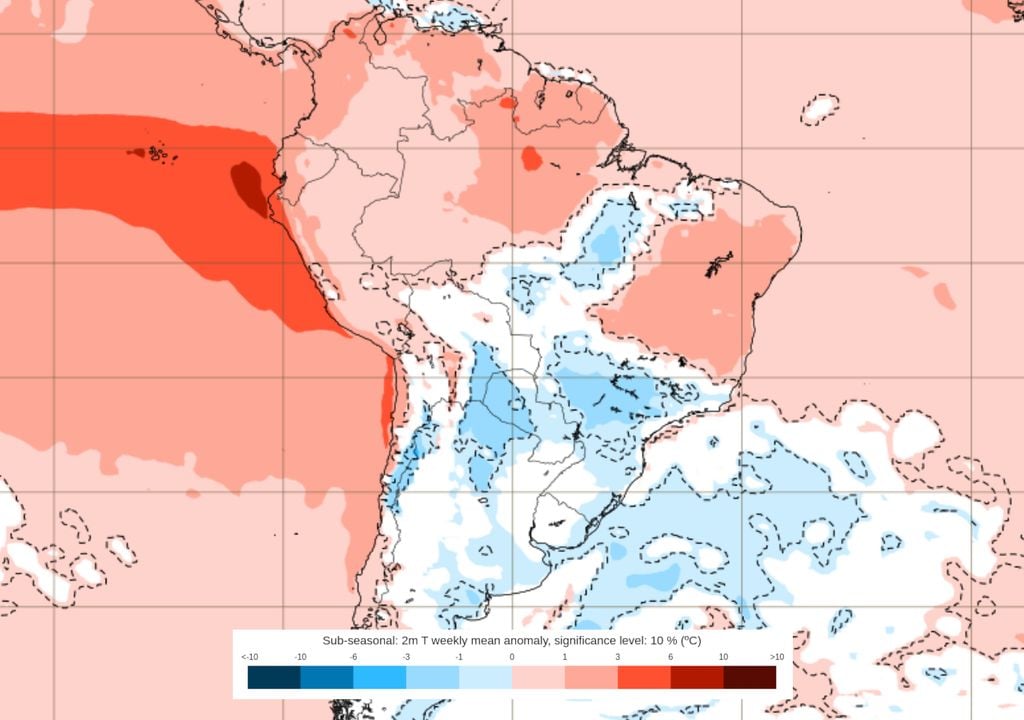 Previsão de anomalias de temperatura entre 31 de Agosto e 7 de Setembro. Previsão de anomalias de temperatura entre 31 de Agosto e 7 de Setembro mostra que temperaturas mais baixas do que o normal podem ser registradas no Sul, Sudeste e Centro-Oeste.