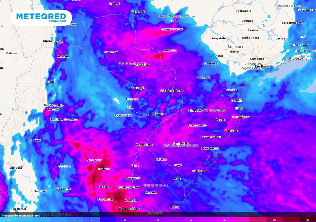 Mapa de acumulados totais de chuva até o domingo (28).