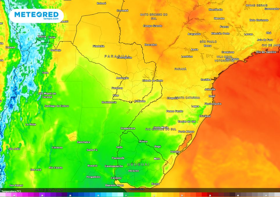 Mapa de previsão de temperatura para a madrugada da segunda-feira (29)