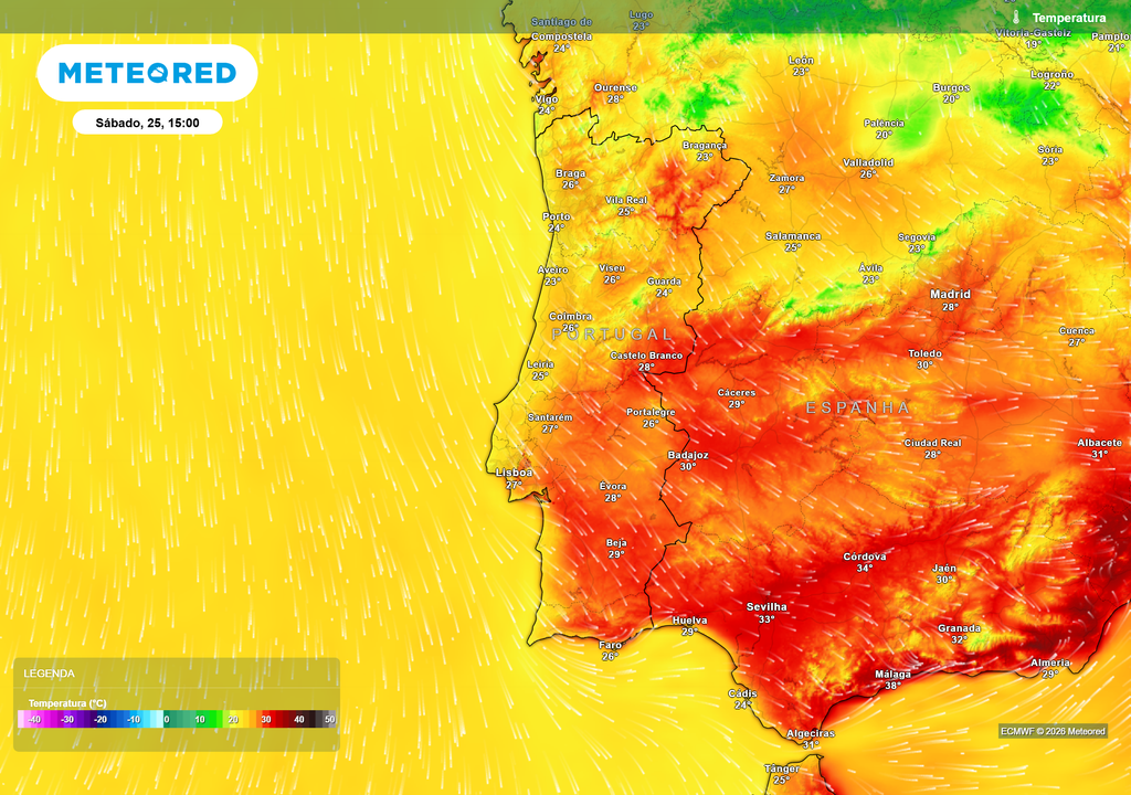 Temperatura O sábado será o dia mais fresco dos próximos dias, com máximas contidas em praticamente todo o país. O litoral Norte e Centro dificilmente ultrapassará os 25 °C, enquanto os valores mais elevados ficarão confinados ao interior.