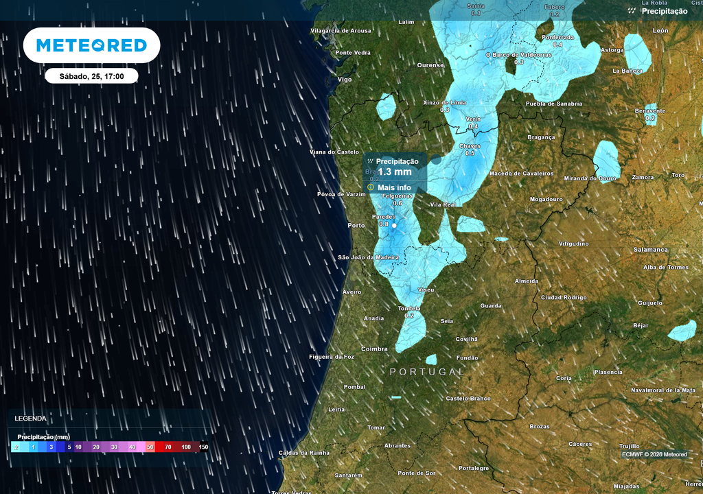 Chuva (mm) Durante a tarde de sábado, a passagem da depressão em altitude continuará a provocar chuva fraca e dispersa nos distritos de Coimbra, Viseu, Vila Real, Braga e Bragança. Os acumulados serão reduzidos e o episódio deverá terminar durante a noite.