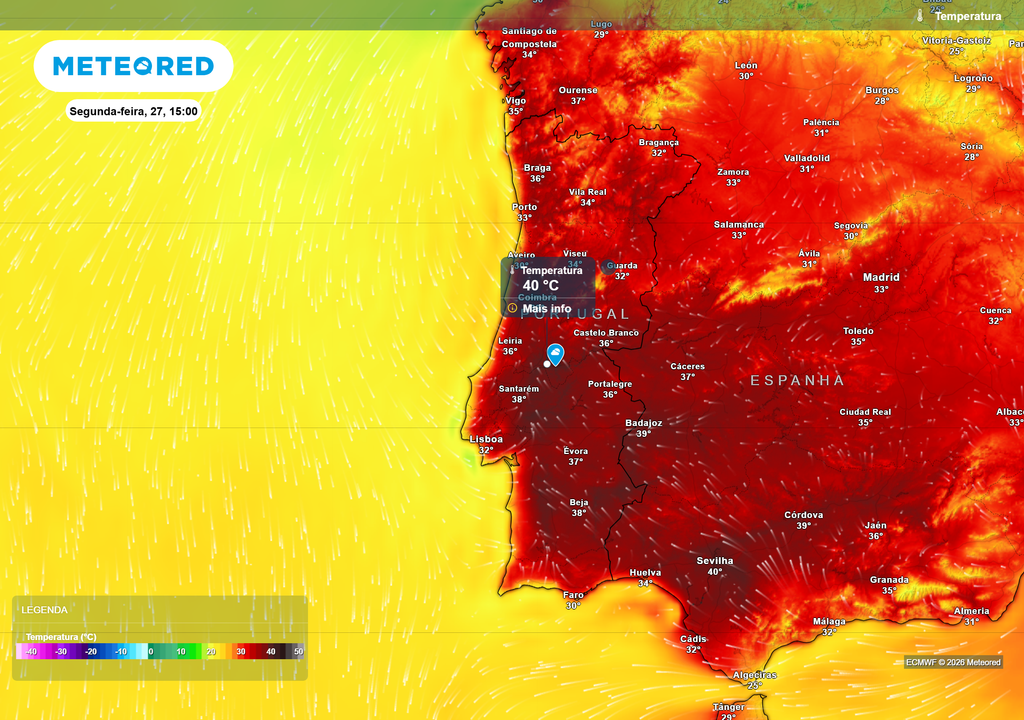 Na segunda-feira, o calor intensifica-se de forma significativa. O Vale do Tejo, o interior alentejano e o distrito de Castelo Branco poderão atingir os 40 °C, enquanto também o litoral Norte e Centro regista uma subida acentuada das temperaturas.