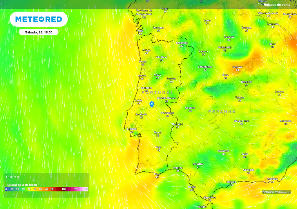 O vento será mais notório durante o fim de semana, com rajadas entre 40 e 55 km/h no litoral e nas terras altas do Norte e Centro. A partir de segunda-feira, prevê-se uma diminuição da intensidade do vento, favorecendo a rápida subida das temperaturas.