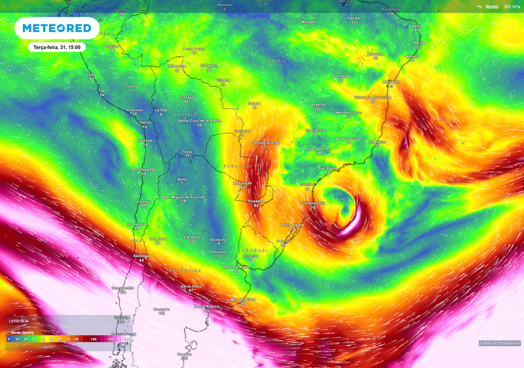 Previsão de vórtice ciclônico em altos níveis nesta terça-feira (31), de acordo com o ECMWF.