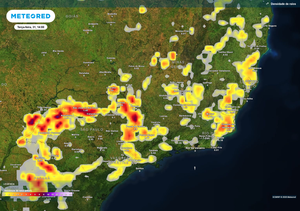 Previsão de tempestades nesta terça-feira (31), de acordo com o ECMWF.