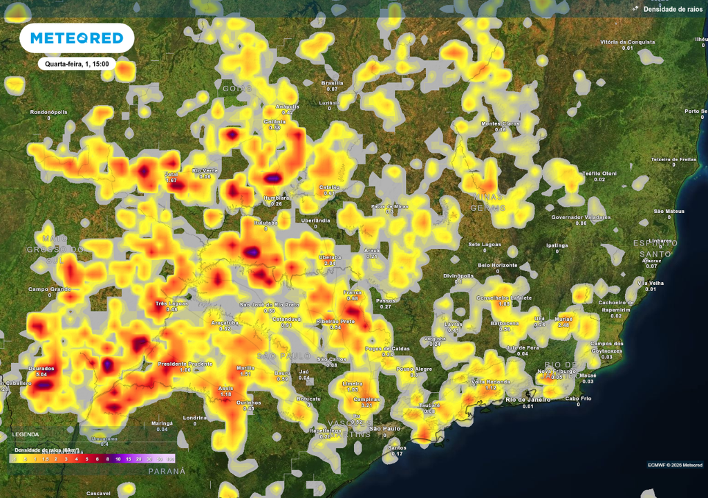 Previsão de tempestades nesta quarta-feira (1), de acordo com o ECMWF.
