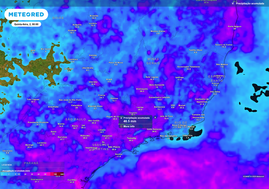 Previsão de chuva acumulada até o final da quarta-feira (1), de acordo com o ECMWF.