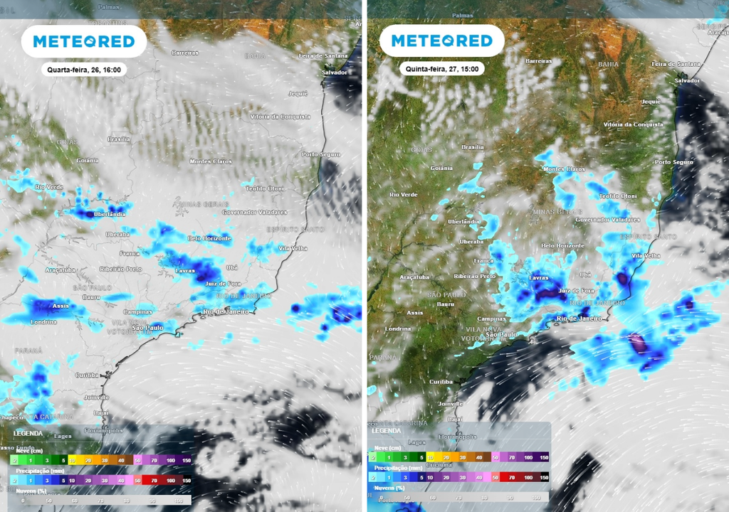 Previsão de precipitação (em mm) e nebulosidade para quarta-feira (26) às 16h à esquerda e para quinta-feira (27) às 15h à direita, segundo o modelo europeu ECMWF.
