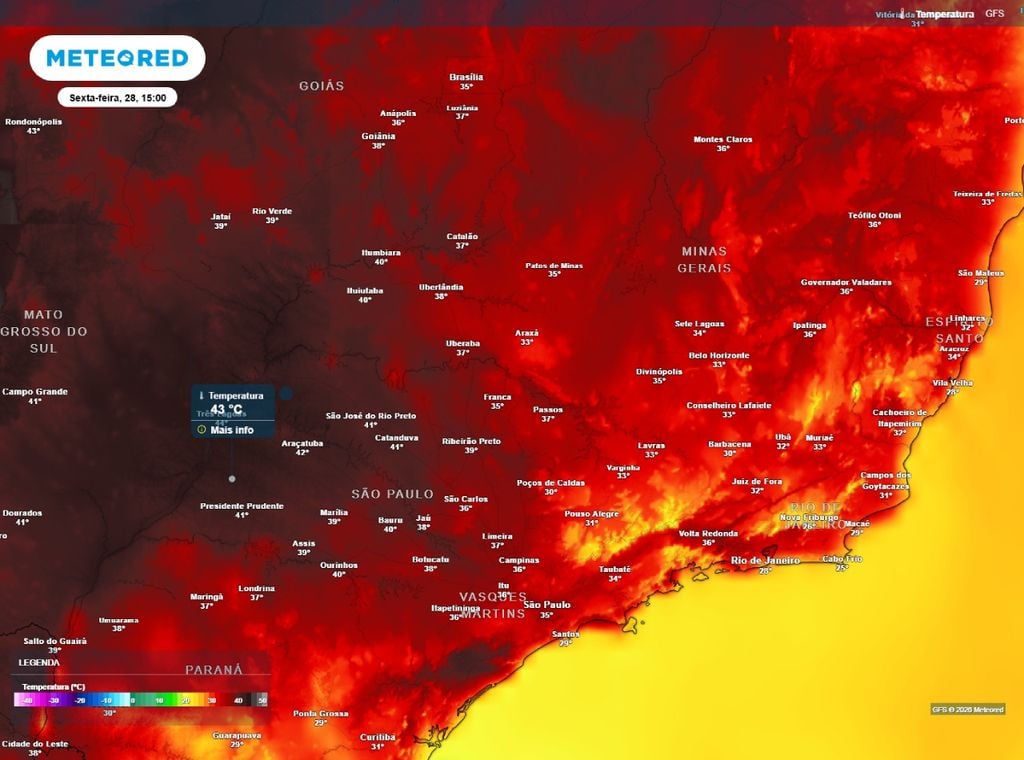 Previsão de temperatura máxima do ar (°C) para a sexta-feira (28).
