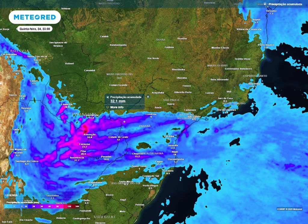 Previsão de precipitação acumulada entre quarta-feira (23) e quinta-feira (24).