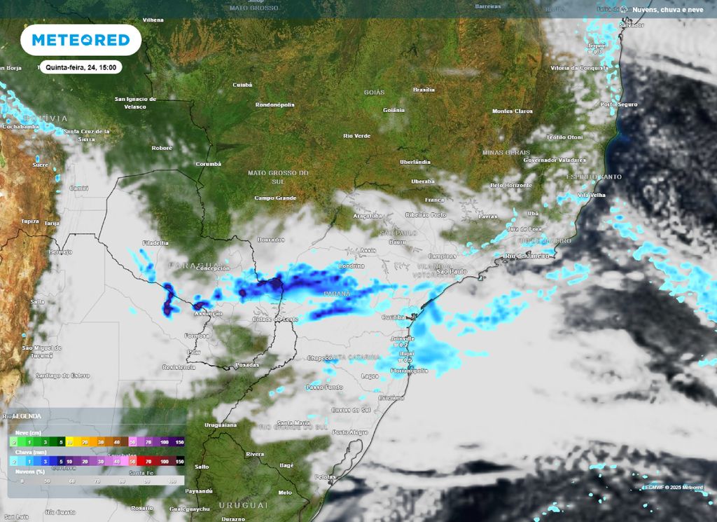 Previsão de nebulosidade e chuva para a manhã de quinta-feira (24).