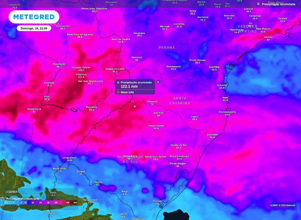 Precipitação acumulada prevista entre quinta (16) e domingo (19). Precipitação acumulada prevista entre quinta (16) e domingo (19).