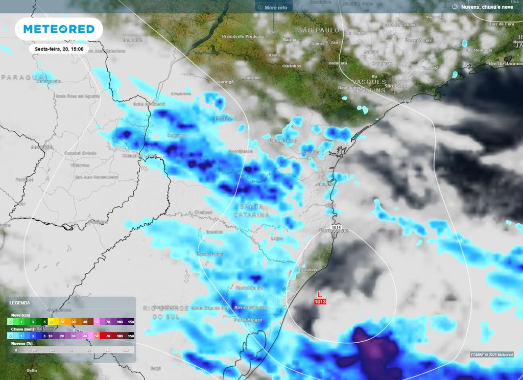 Mapa de previsão de nebulosidade, precipitação e pressão a nível médio do mar para a tarde de sexta-feira (20).