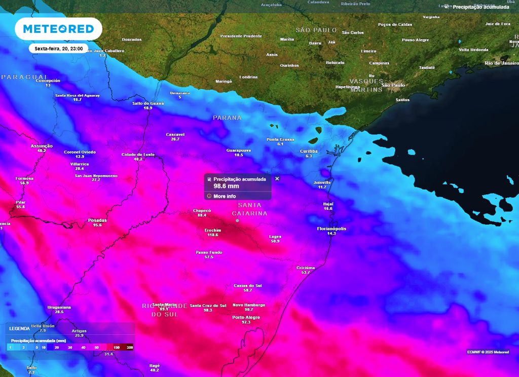 Mapa de precipitação acumulada entre quarta (18) e sexta-feira (20), mostra volumes superiores a 85 mm em SC.