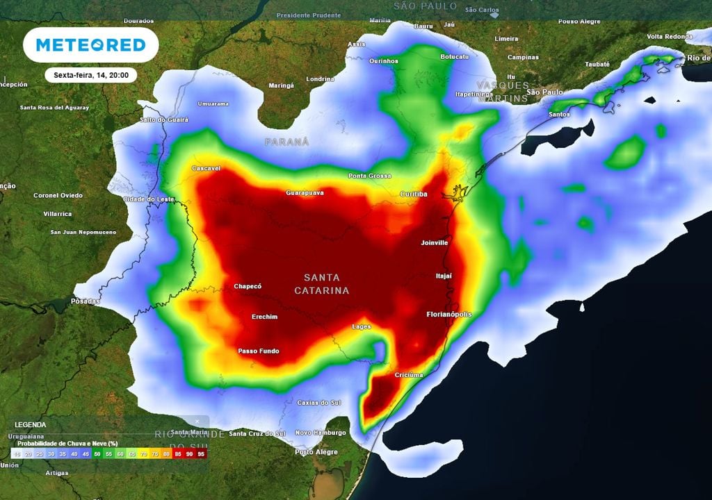Previsão de probabilidade de chuva nesta sexta-feira durante a tarde. Previsão de probabilidade de chuva nesta sexta-feira durante a tarde ilustra as regiões que serão mais afetadas pelas pancadas de chuva, com risco de transtornos significativos para a população.